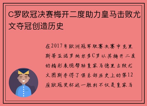 C罗欧冠决赛梅开二度助力皇马击败尤文夺冠创造历史