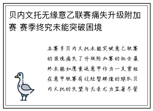 贝内文托无缘意乙联赛痛失升级附加赛 赛季终究未能突破困境